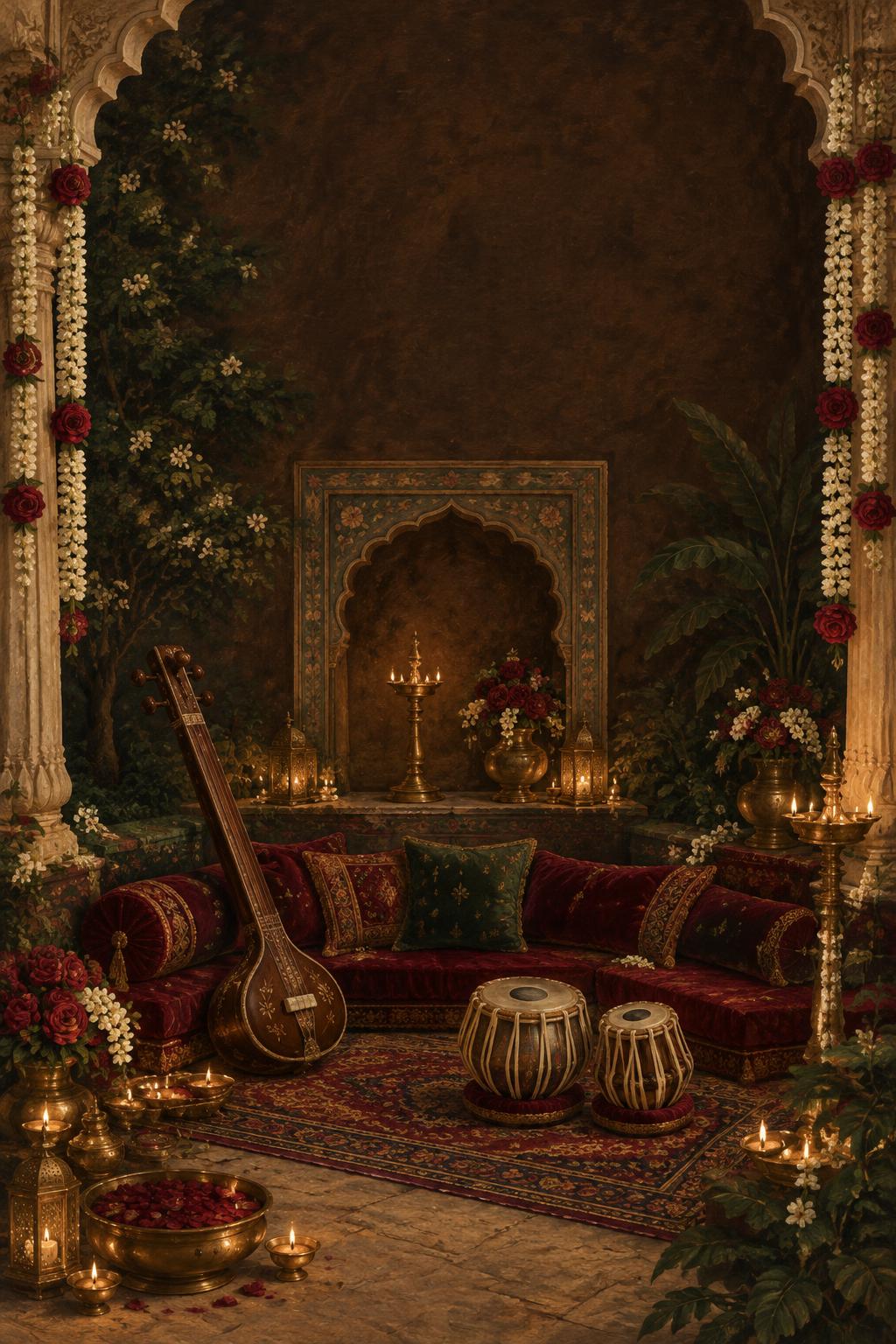 Painted Sufi music salon with tanpura, tabla and glowing brass lamps