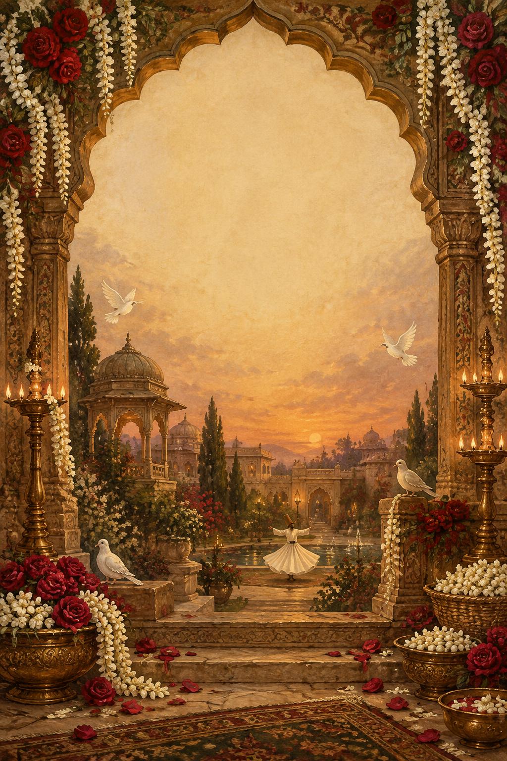 Painted palace arch, Sufi dancer, flowers and glowing evening sky