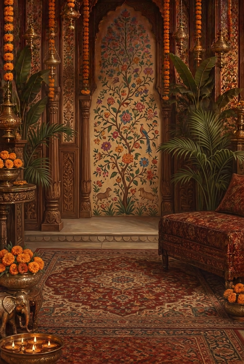 Painted palace salon with marigold garlands, brass lamps and a flowering tree mural